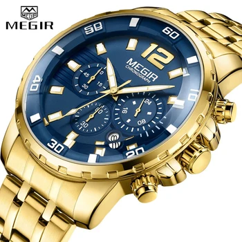 2024 Naujas Vyrų Žiūrėti MEGIR Luxury Gold Verslo Chronograph Sporto Mens Watches Full Steel Karinės Kvarciniai Laikrodžiai Laikrodis Vyrams