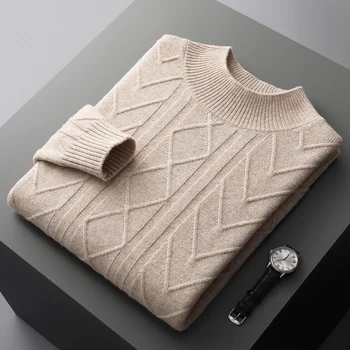 rudenį ir žiemą naujas 100% merino vilnos vyrų pusiau aukšto kaklo dvigubo storio susukti ilgomis rankovėmis vientisos spalvos megztinis (puloveris)