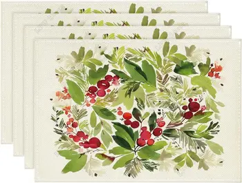 Akvarelė Holly Kalėdų Placemats Rinkinys 4 12x18 Colių Sezoninis Žiemos Kalėdų Atostogų Stalo Patiesalai Šalies Virtuvės Puošmena