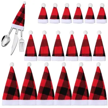 Kalėdų Indų Laikiklis 18pcs Sidabro Organizatoriai Santa Hats Vakarienė Raudonos Ir Juodos spalvos Pledas Modelio Sukurti Kalėdinės Nuotaikos