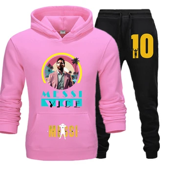 Messi spausdinti suaugusiųjų vilnos hoodie nustatyti atsitiktinis rožinė palaidinukė kelnes 2-piece set prarasti didelio dydžio sportinę aprangą