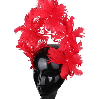 Raudona Plunksna Gėlių, Vestuvių Plaukų Fascinator Priedai Lankelis Elegantiškas Moterų Nuotakos Šalis Parodyti, Galvos Apdangalai Išgalvotas Plaukų Aksesuarai